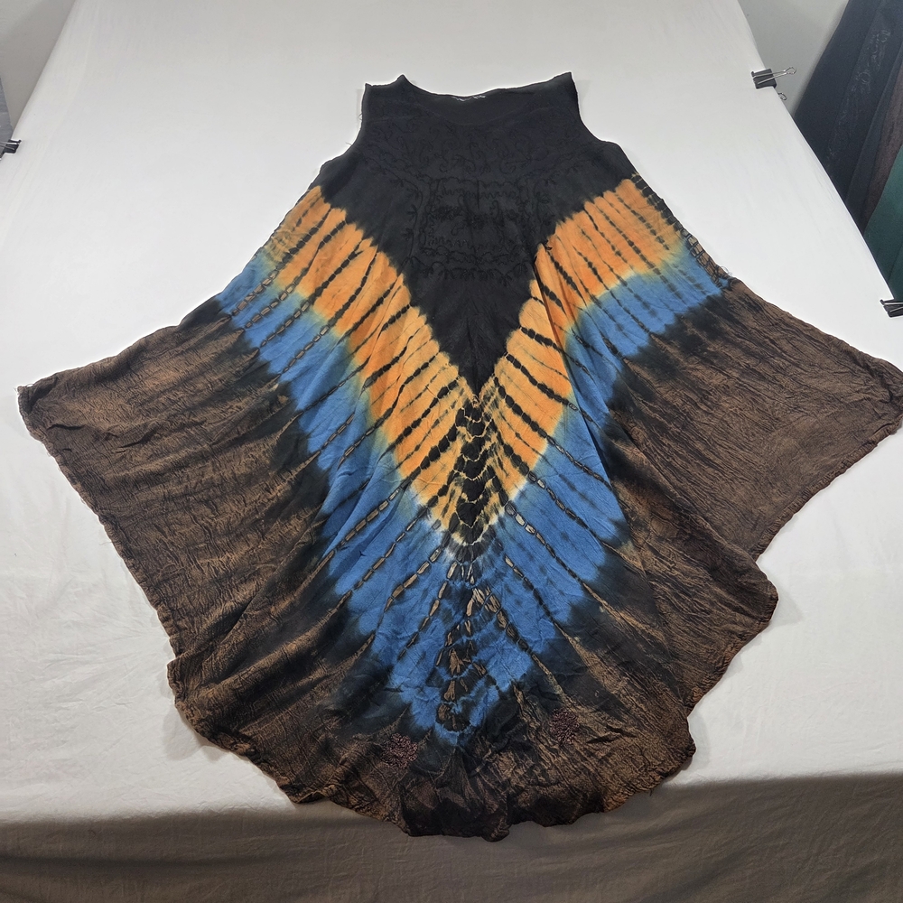 Boho Gauze V-Stripe Tie-Dye Flowy Tunic Dress Maxi Black Orange Blue Embroidered